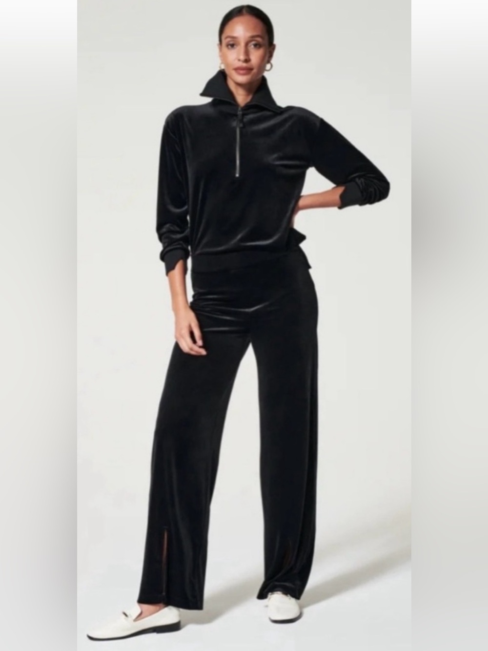 SPANX black velvet half zip pullover with matching pants set